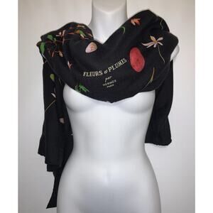 Hermes cashmere silk 54"x54" shawl Fleurs Et Plumes Black Floral 140 cm scarf